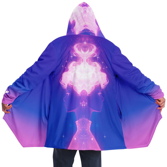 Person wearing the Ethereal Gem hoodie, showcasing a detailed design of a woman, highlighting the stylish comfort of the 1337 Cloak collection.