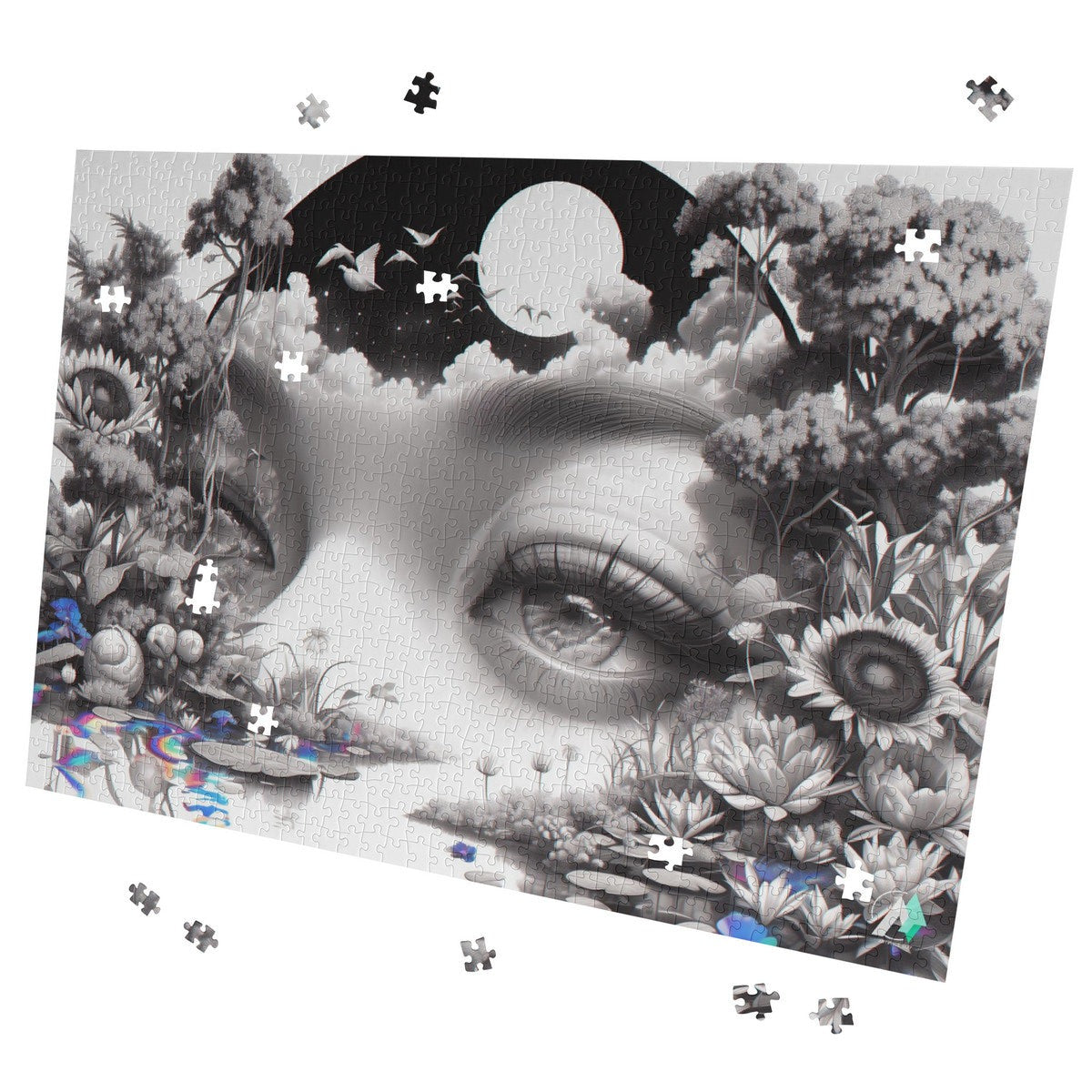 Peering Into II Puzzle features a woman's face surrounded by flowers, capturing surreal artistry. Available in 500 or 1000 pieces for a challenging experience.