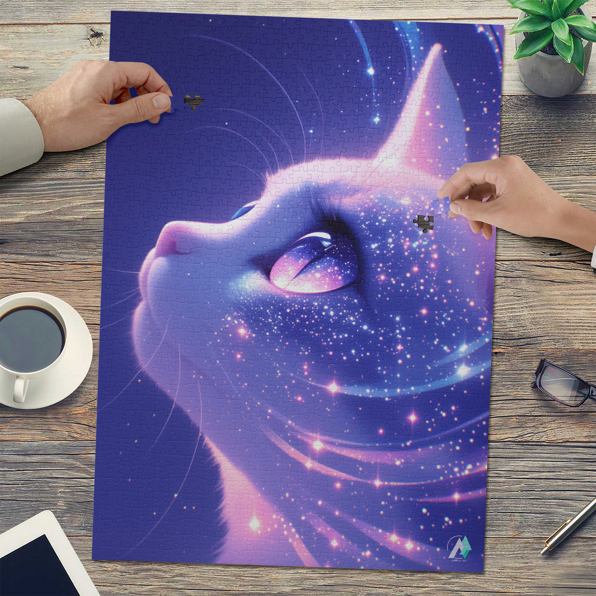 Milky Way Meow II Puzzle showcases a cat-themed jigsaw puzzle, available in 500 and 1000 pieces, crafted from premium ivory cardboard.