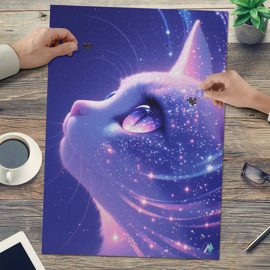 Milky Way Meow II Puzzle showcases a cat-themed jigsaw puzzle, available in 500 and 1000 pieces, crafted from premium ivory cardboard.