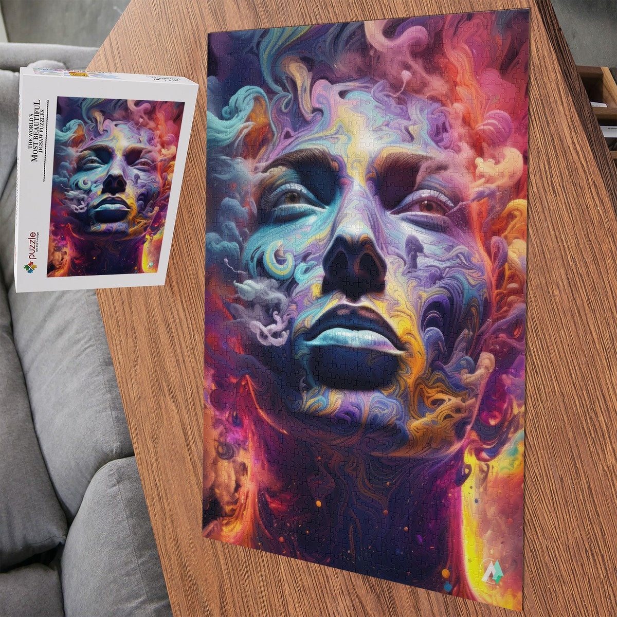 Titan Rising Puzzle featuring a woman's face enveloped in multicolored smoke, crafted from premium ivory cardboard with a satin finish, available in 500 and 1000 pieces.