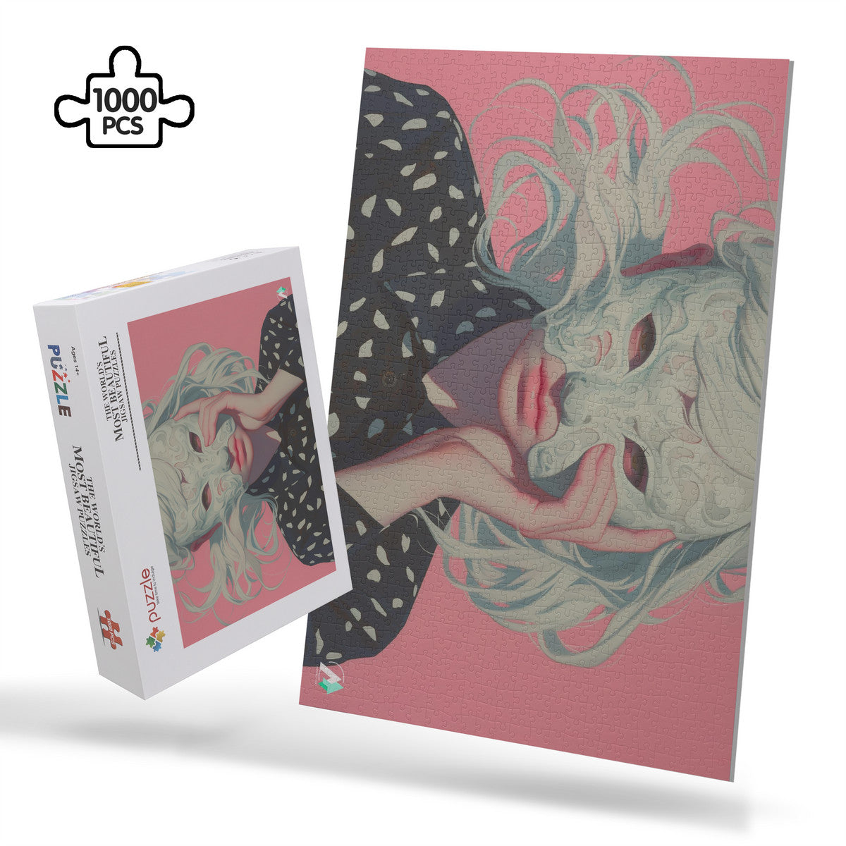 Surreal Feminine IV Puzzle featuring a woman with a mask. Available in 500 and 1000 pieces, crafted from premium ivory cardboard.