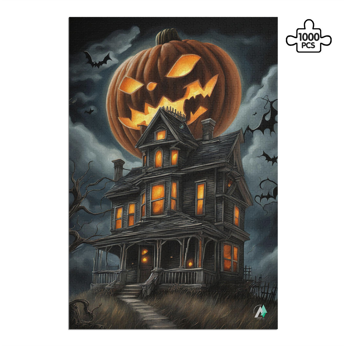 Pumpkin Manor puzzle featuring a pumpkin-topped house, crafted from premium ivory cardboard. Available in 500 and 1000 pieces, showcasing artwork by @crazydancingguy.