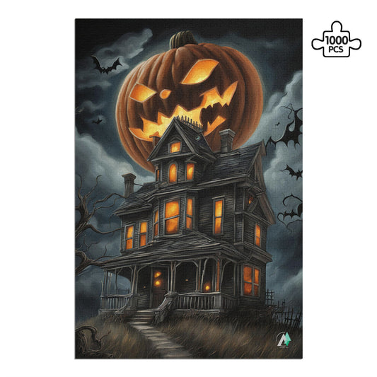 Pumpkin Manor puzzle featuring a pumpkin-topped house, crafted from premium ivory cardboard. Available in 500 and 1000 pieces, showcasing artwork by @crazydancingguy.