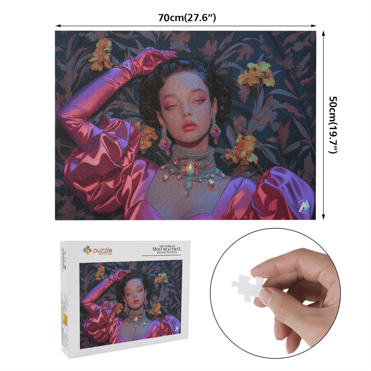 Let Them Eat Cake II Puzzle: A woman's face in pink dress, detailed jewelry, 500 or 1000 pieces, premium cardboard, inspired by artist @shinjoku13.