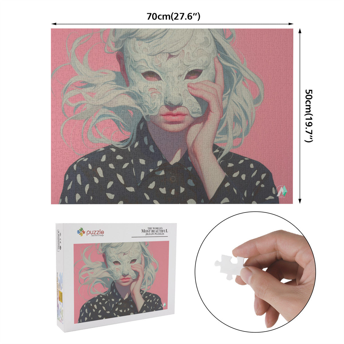 Surreal Feminine IV Puzzle featuring a woman with a mask. Available in 500 and 1000 pieces, crafted from premium ivory cardboard.