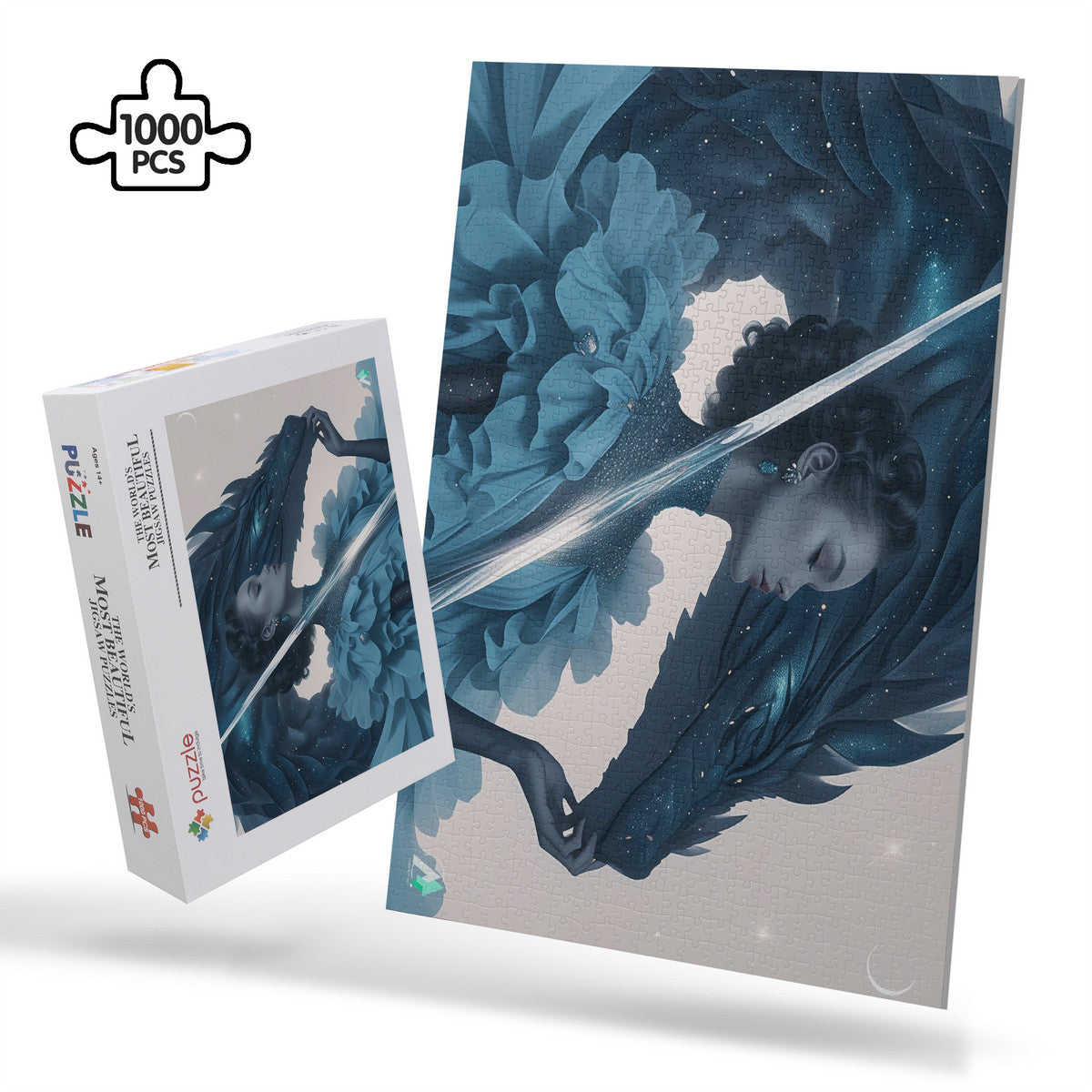 Wyvern Wyre I Puzzle: A jigsaw depicting a woman with a sword and dragon, available in 500 and 1000 pieces, featuring art by @shinjoku13.