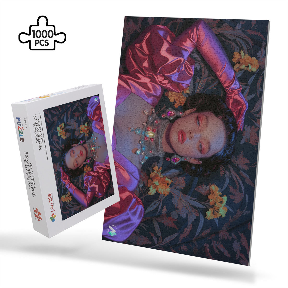 Let Them Eat Cake II Puzzle: A woman's face in pink dress, detailed jewelry, 500 or 1000 pieces, premium cardboard, inspired by artist @shinjoku13.