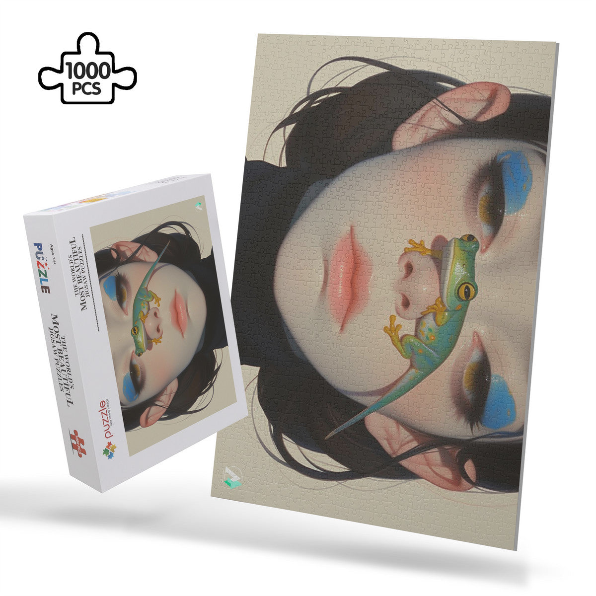 Surreal Feminine VII Puzzle depicting a woman with a lizard on her nose, crafted from premium ivory cardboard, available in 500 and 1000 pieces.
