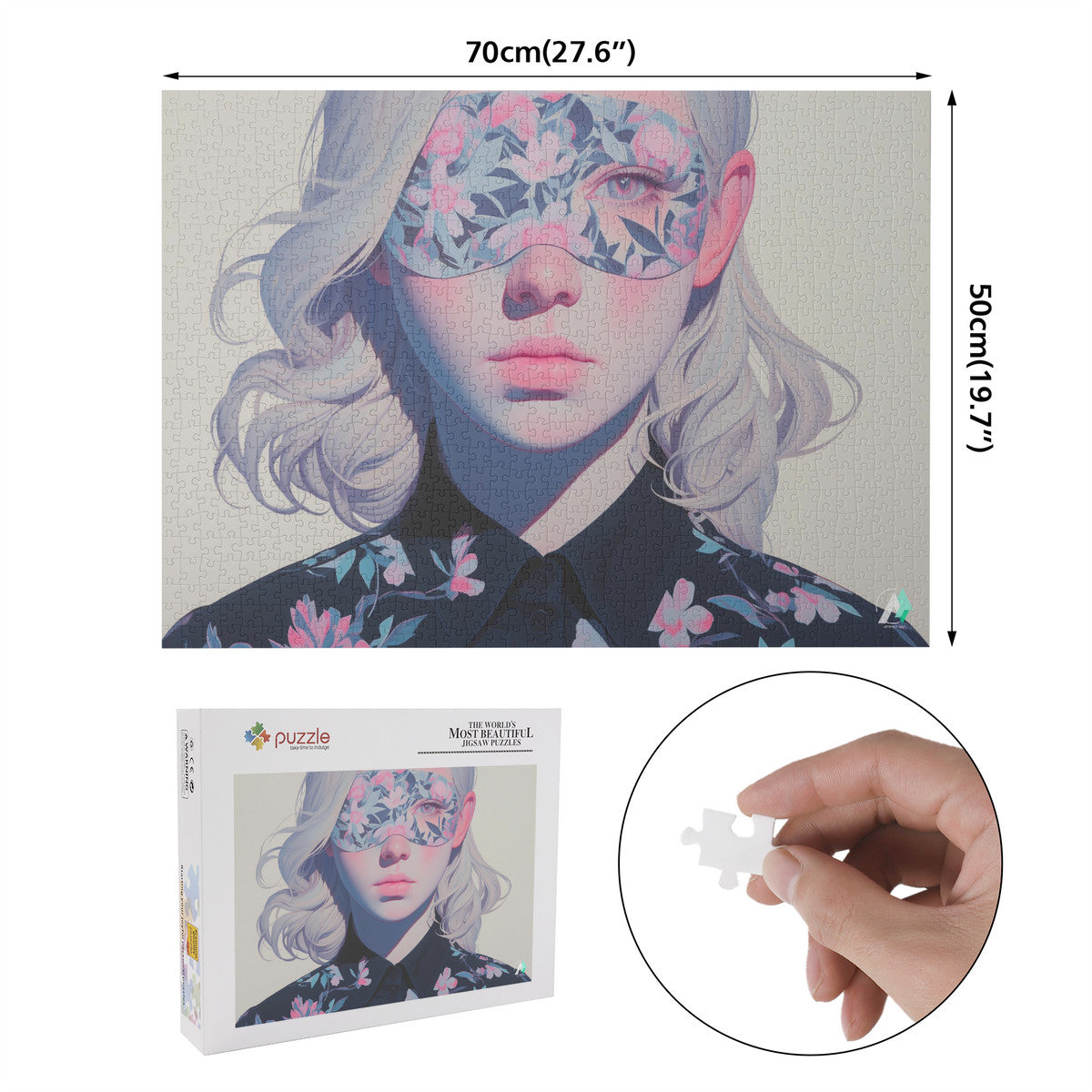 Surreal Feminine V Puzzle featuring a woman in a mask, crafted from premium ivory cardboard, available in 500 and 1000 pieces.