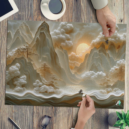 Entrance Eternal Puzzle featuring a mountain landscape with clouds and sun, available in 500 and 1000 pieces, made of premium ivory cardboard.