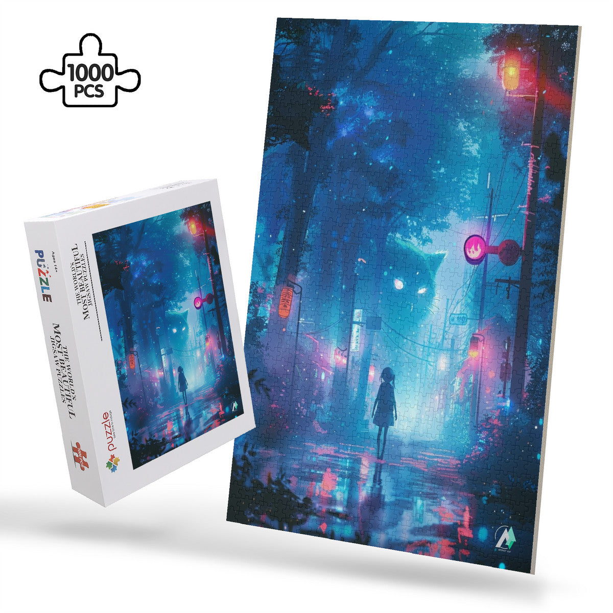 The Yokai Mystiques III Puzzle features a girl with a giant cat spirit walking on a street, available in 500 and 1000 pieces.