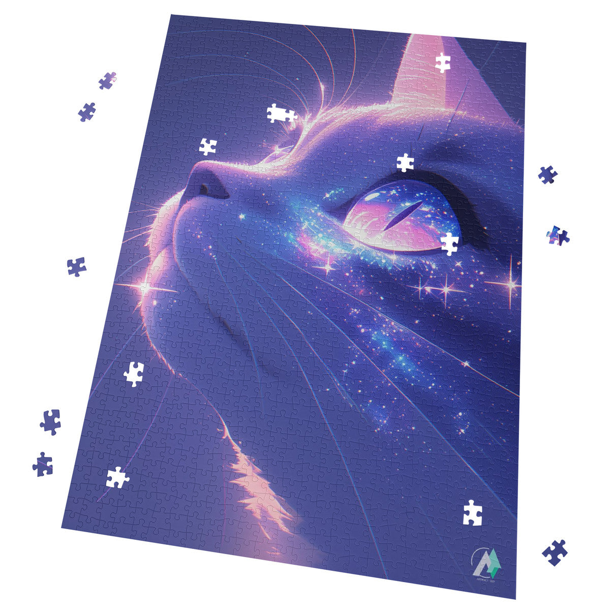 Milky Way Meow I Puzzle showcases a cat-themed jigsaw puzzle, available in 500 and 1000 pieces, crafted from premium ivory cardboard.