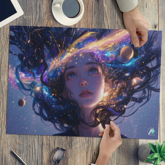 Cosmic Serenity III Puzzle features a colorful-haired girl in a fantastical scene, available in 500 or 1000 pieces, crafted on premium ivory cardboard.
