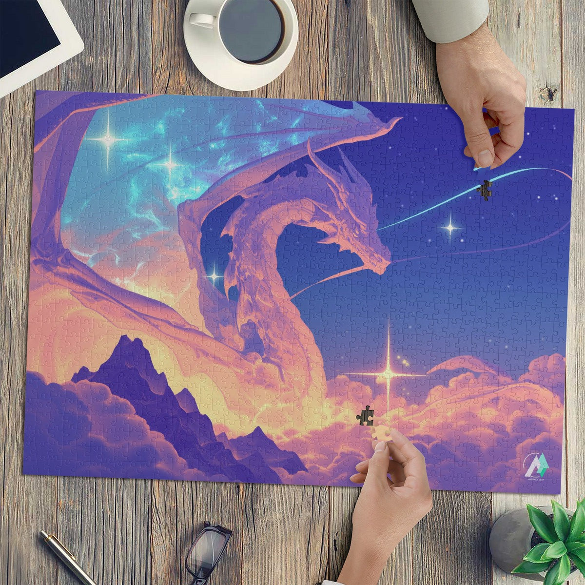Supernal Wisdom Puzzle featuring a dragon design, available in 500 or 1000 pieces, crafted from premium ivory cardboard with satin finish.