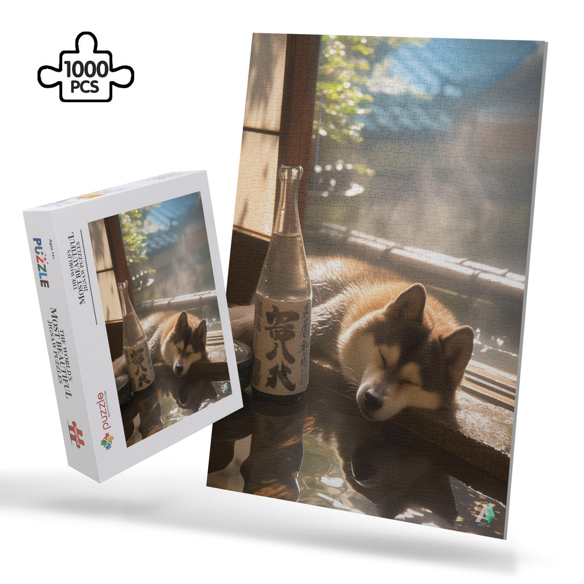 Dozy Dog II Puzzle featuring a sleeping dog, available in 500 and 1000 pieces, crafted from premium ivory cardboard with a satin finish.
