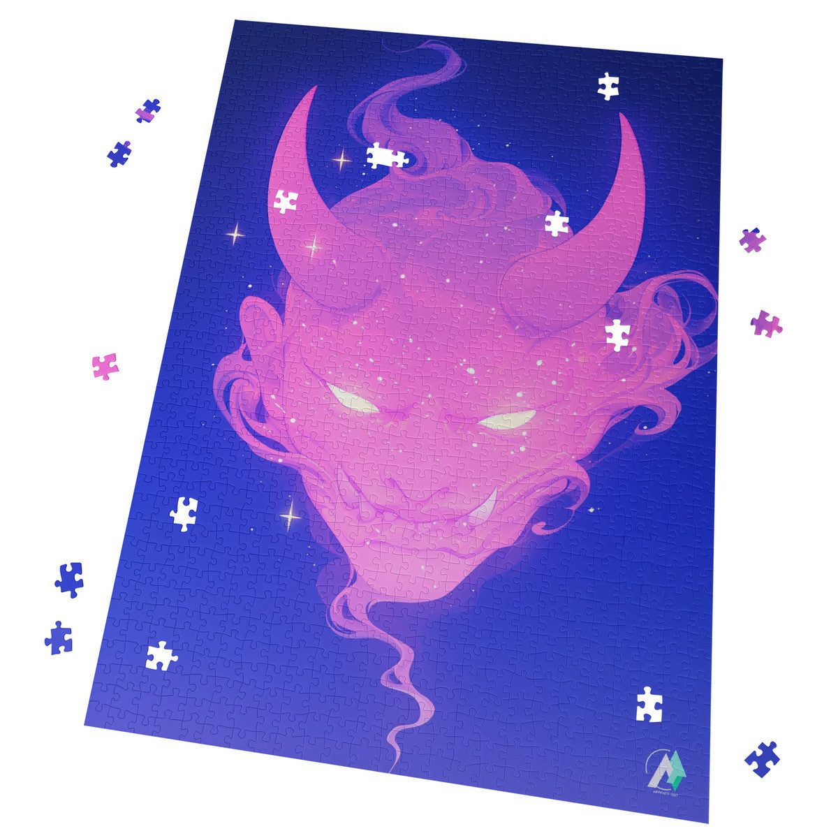 Oni Spirit Mask II Puzzle featuring a pink devil face design, available in 500 and 1000 pieces, crafted from premium ivory cardboard.