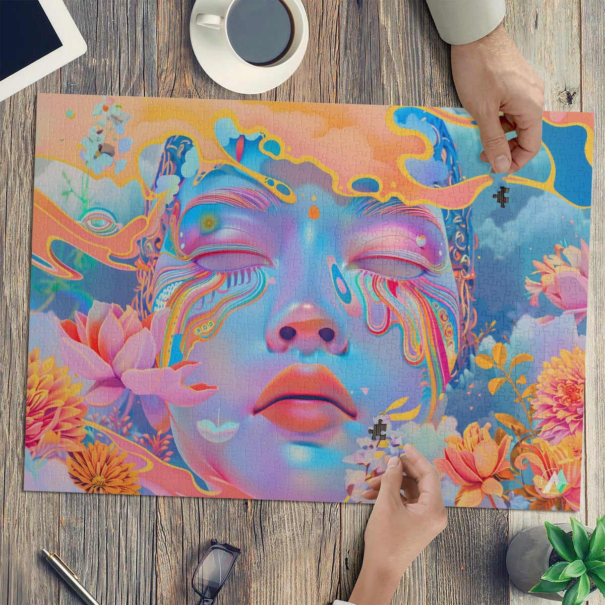 Indian Veda in Pastels I Puzzle: A 500 or 1000-piece puzzle featuring a woman's face adorned with flowers, showcasing modern art by @shinjoku13.