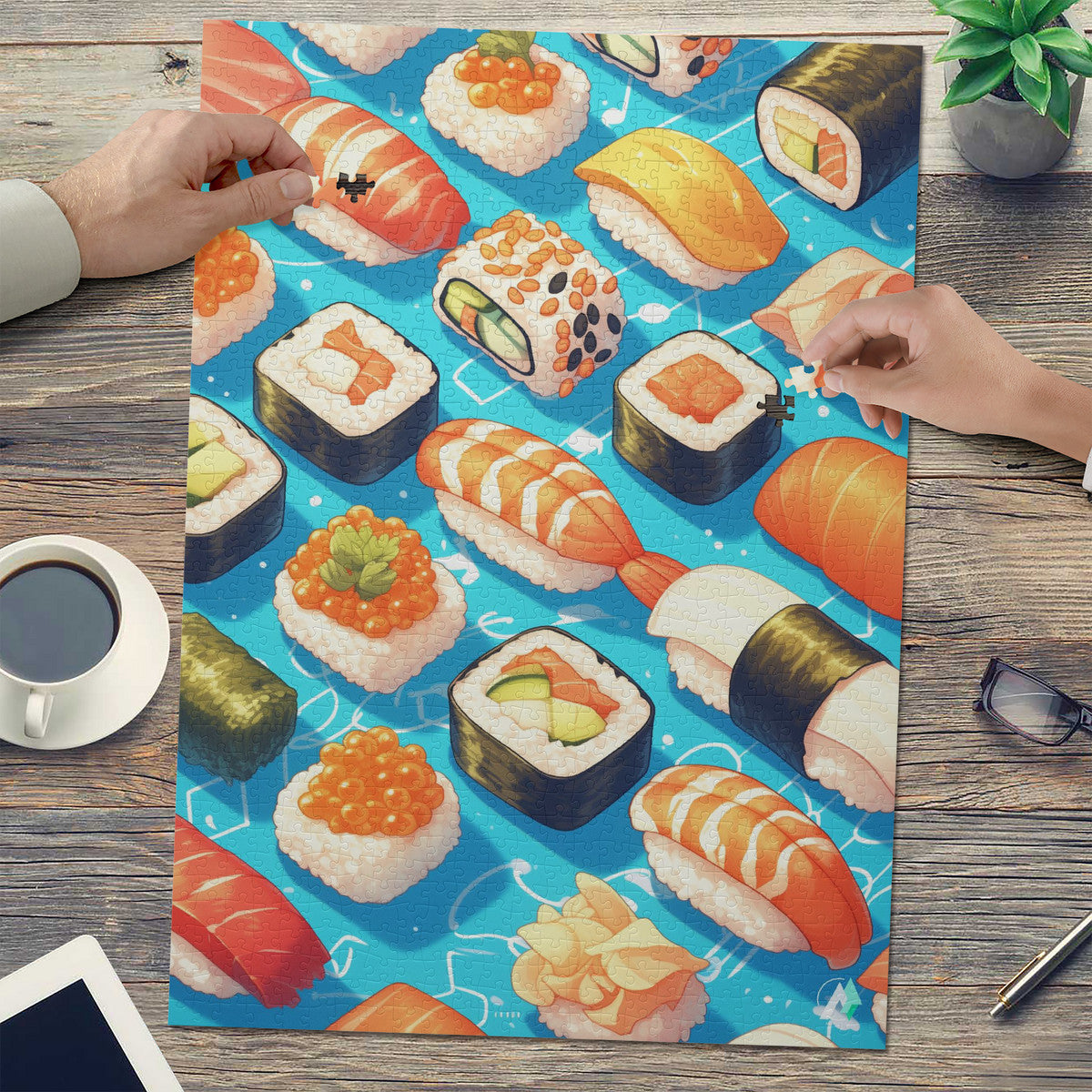 Sushi I Puzzle features intricate sushi-themed designs on premium ivory cardboard, available in 500 and 1000 pieces by artist @shinjoku13.