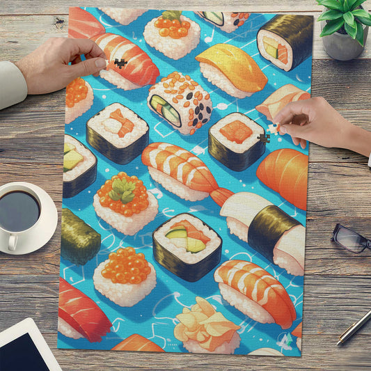 Sushi I Puzzle features intricate sushi-themed designs on premium ivory cardboard, available in 500 and 1000 pieces by artist @shinjoku13.