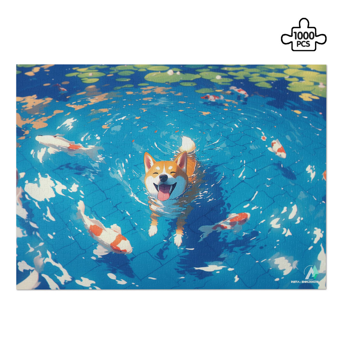 Chibi Shiba V Puzzle featuring a dog swimming with fish, available in 500 or 1000 pieces, crafted from premium ivory cardboard.