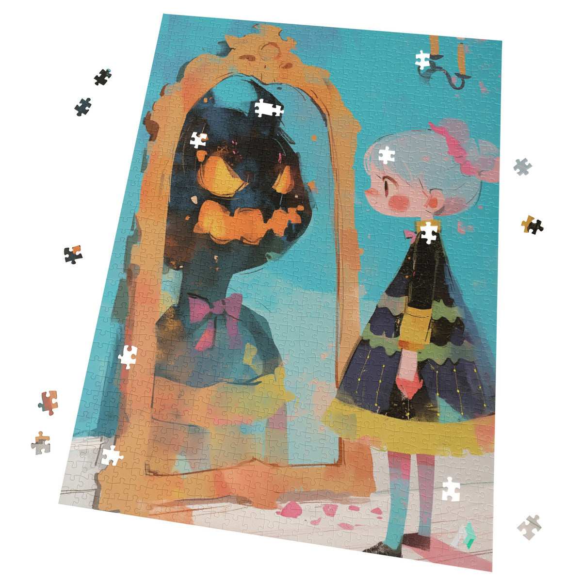 Little House of Horrors VI Puzzle featuring a girl gazing at a mirror with a monster gazing back, available in 500 or 1000 pieces, crafted from premium ivory cardboard.