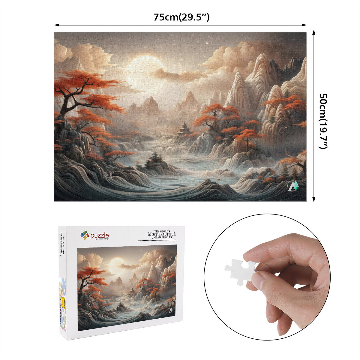 The Mystical Valley Puzzle featuring a mountain landscape, river, and tree with orange leaves; available in 500 or 1000 pieces.