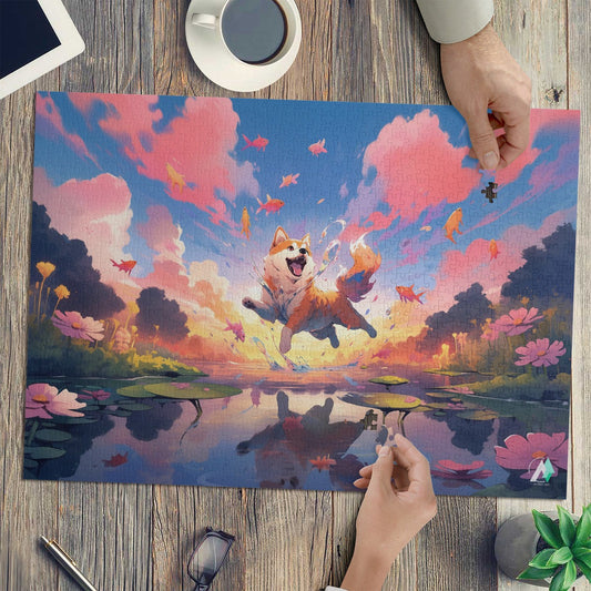 Chibi Shiba VI Puzzle featuring a dog jumping with goldfish in a fantastical scene, available in 500 or 1000 pieces.