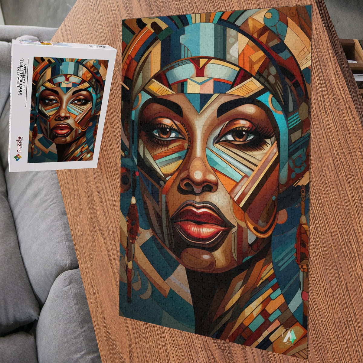Cubist Beauty II Puzzle featuring a woman's face with a colorful headdress, available in 500 and 1000 pieces, crafted from premium ivory cardboard.