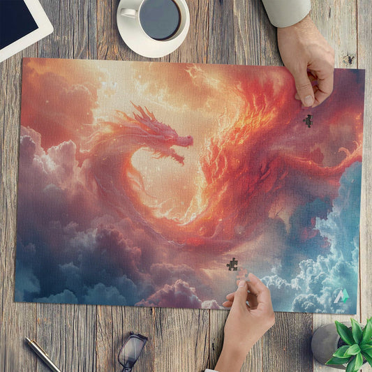 Cosmic Storm Dragon I Puzzle featuring a dragon amidst clouds, available in 500 or 1000 pieces, crafted from premium ivory cardboard.