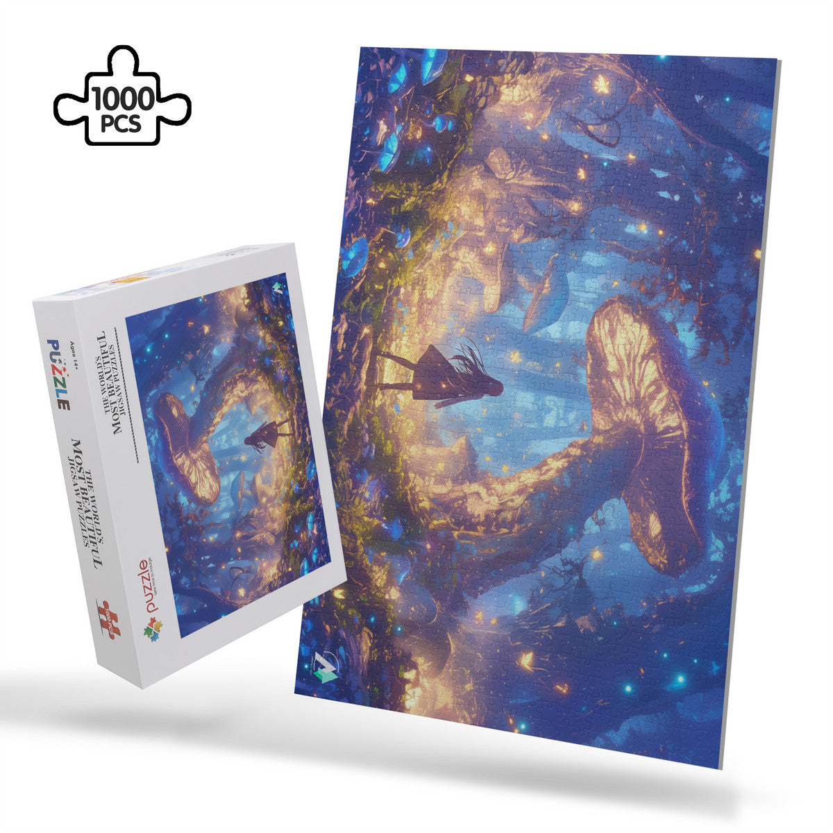 Forest of Magic VI Puzzle: A girl with long hair stands among mushrooms in a forest. Available in 500 and 1000 pieces from artist @shinjoku13.