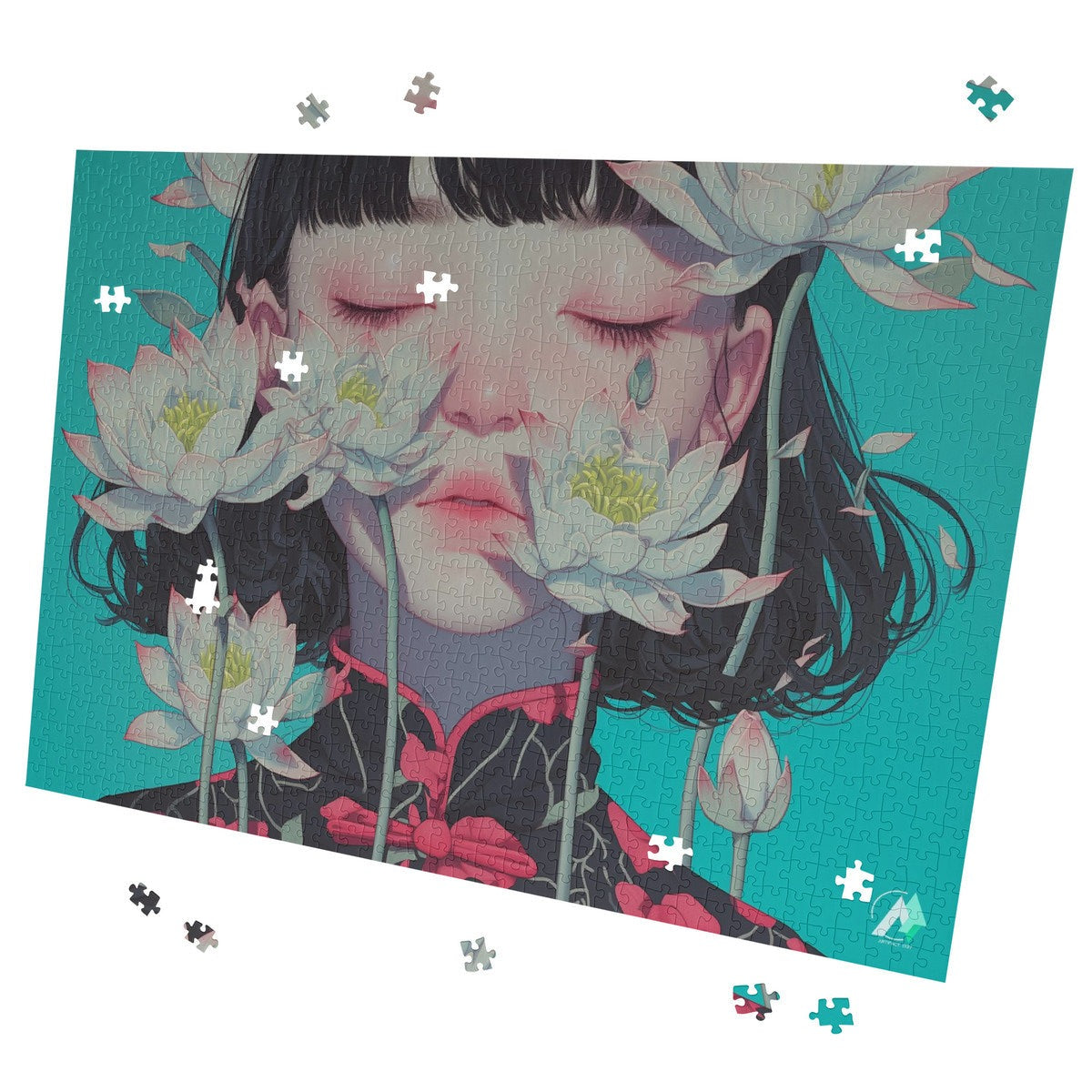 Surreal Feminine I Puzzle featuring a woman with flowers, crafted from premium ivory cardboard, available in 500 and 1000 pieces.