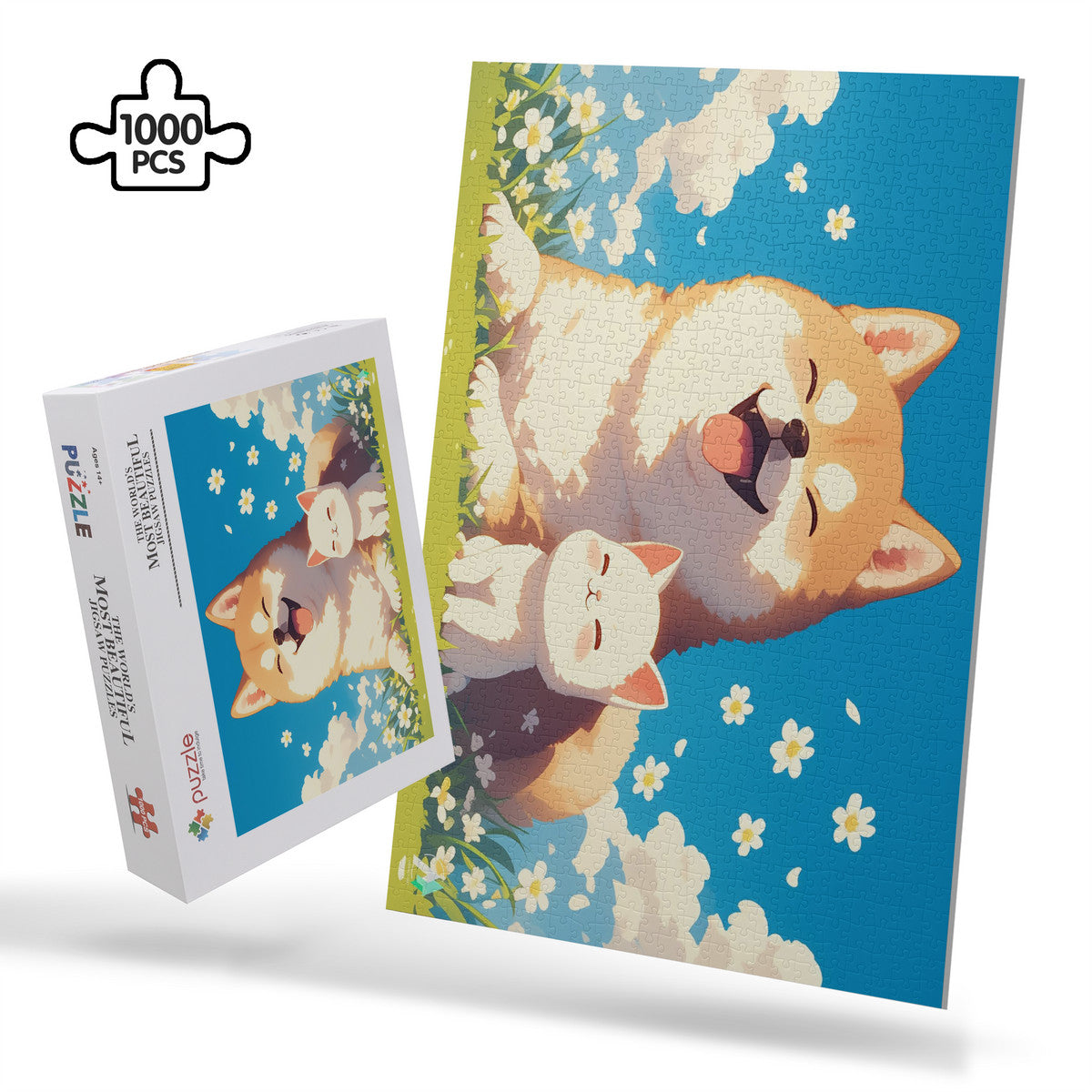 Chibi Shiba I Puzzle featuring a whimsical dog and cat design by artist @shinjoku13, available in 500 and 1000 pieces, crafted from premium ivory cardboard.