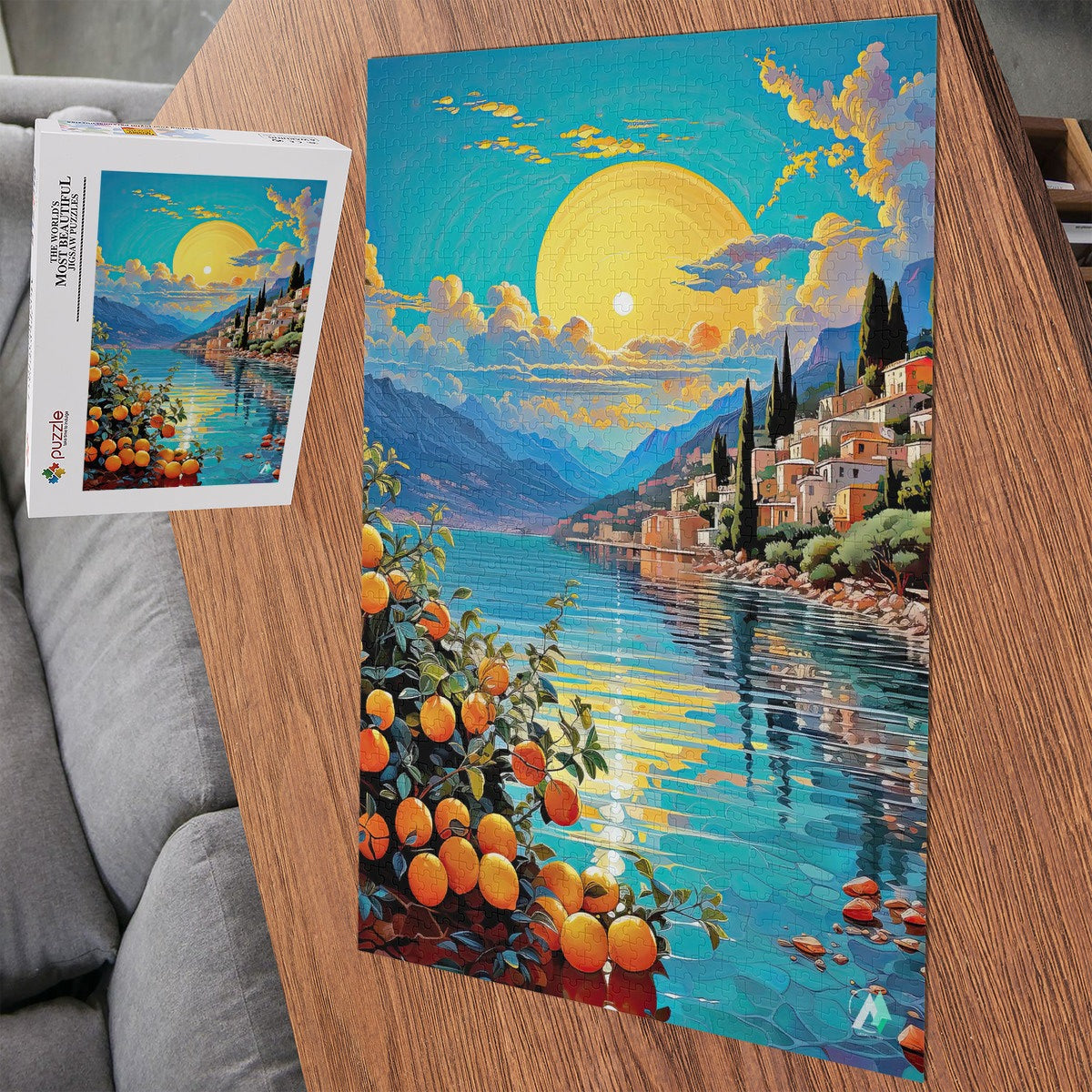 Surreal Menton Puzzle featuring a cityscape by water, oranges on trees, and sunset, available in 500 or 1000 pieces.