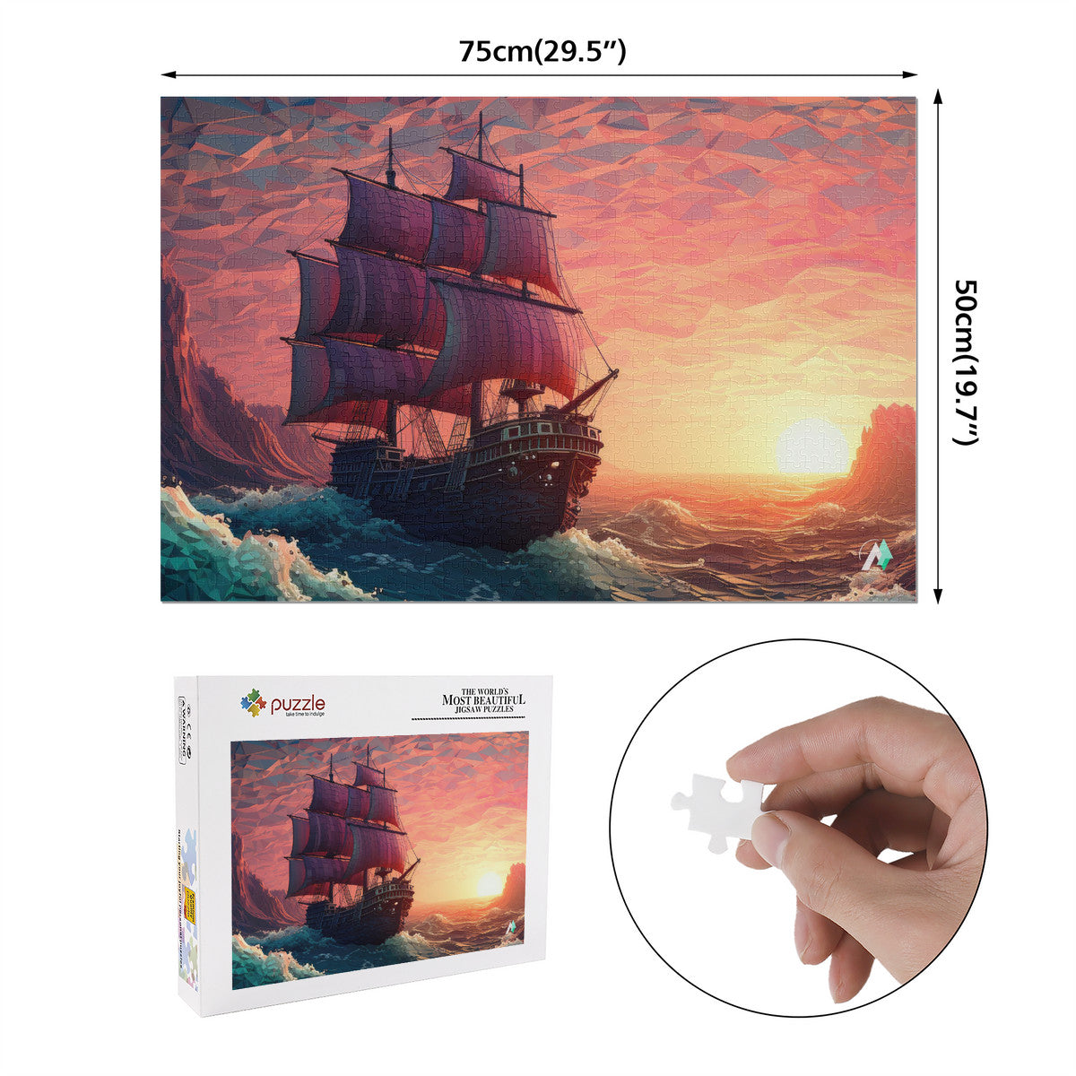 Long Journey Ship Puzzle depicting a ship with sails in the ocean, available in 500 or 1000 pieces, featuring premium ivory cardboard.