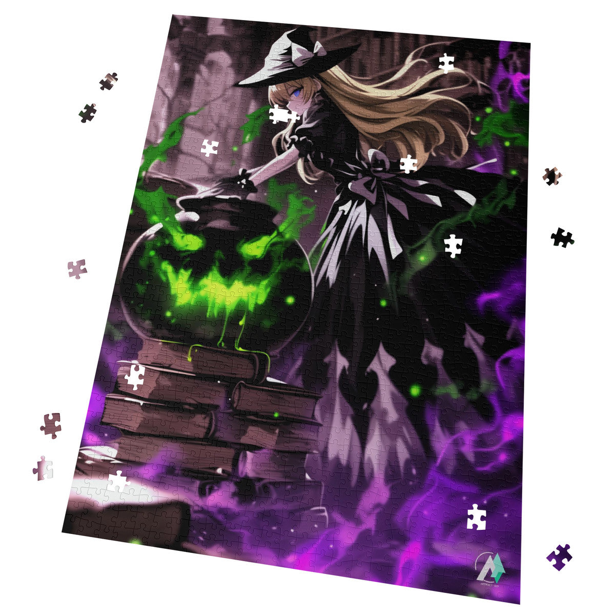 Balliana's Brew Puzzle features a cartoon witch with a cauldron emitting green and purple smoke, available in 500 or 1000 pieces.