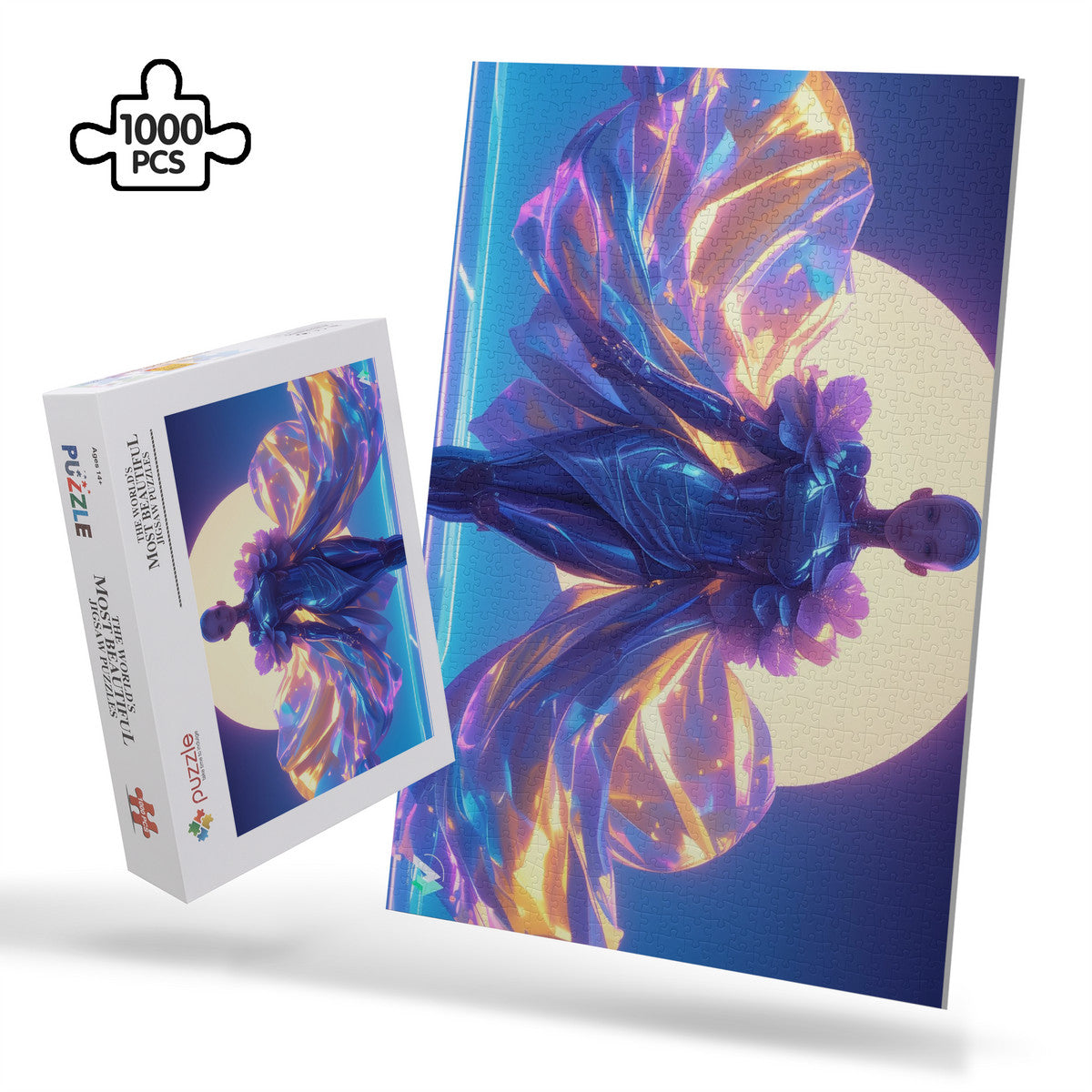 Amara-X II Puzzle featuring a woman in a garment, combining art and fashion. Available in 500 and 1000 pieces, made from premium cardboard.
