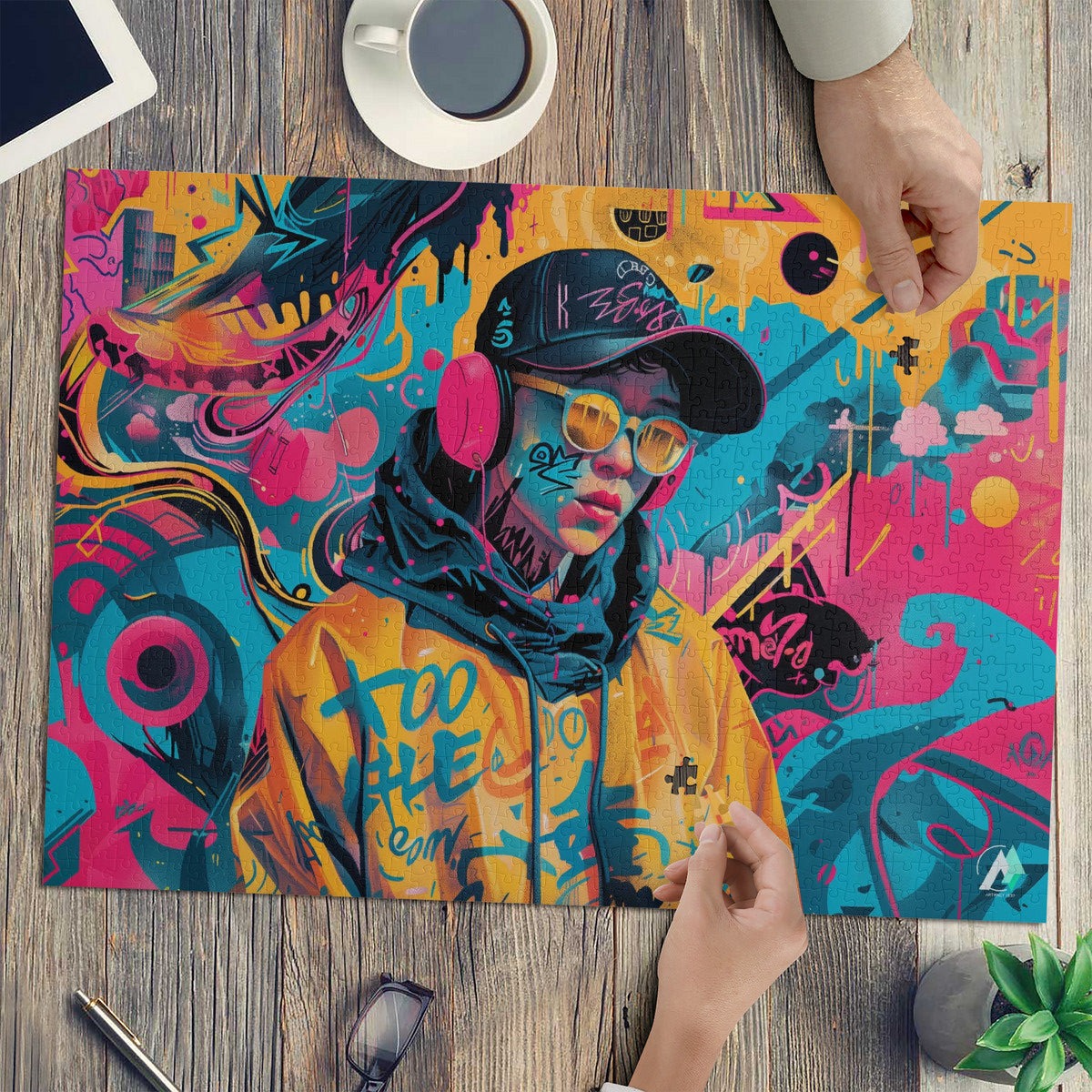 Streetwear Abstraction I Puzzle, depicting a boy in a hat and sunglasses, crafted from premium ivory cardboard. Available in 500 and 1000 pieces.