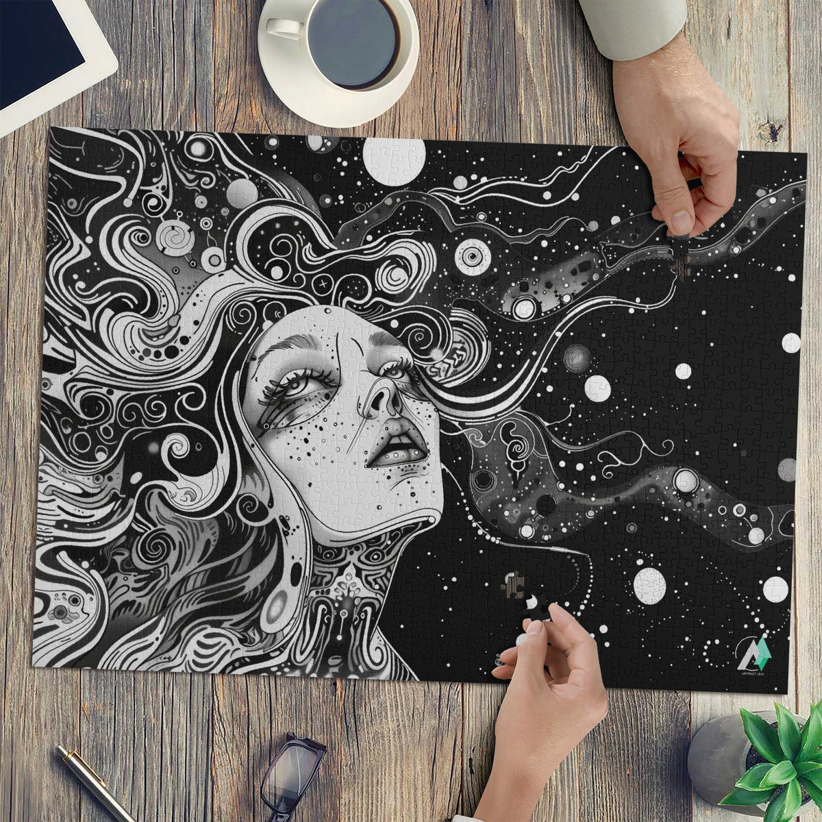 Discernment III Puzzle features a black-and-white illustration of a woman's face, available in 500 or 1000 pieces, crafted on premium ivory cardboard.