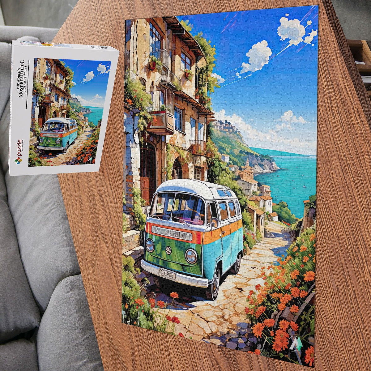 Van Life on the Med Puzzle, featuring a bus van on a scenic road, available in 500 or 1000 pieces with artwork by @iguana_nick.