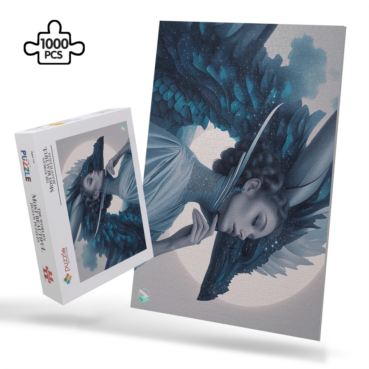 Wyvern Wyre II Puzzle: A 500 or 1000-piece jigsaw featuring a woman with a dragon next to her head, crafted from premium ivory cardboard with satin finish.
