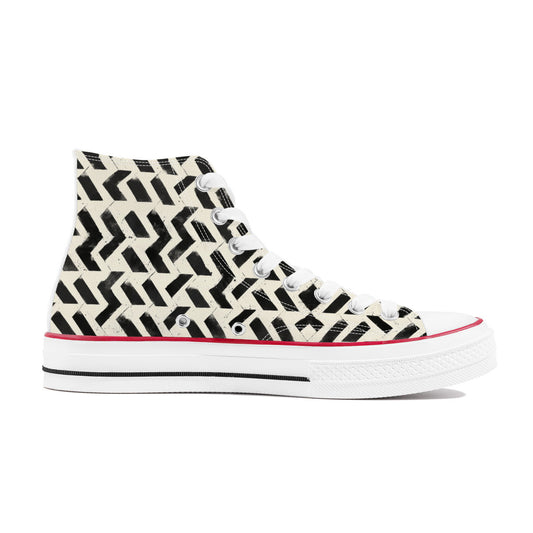 Broken Tooth (Wht) 🦷⚡ | 1337 High Tops: High-top canvas sneakers with zig-zag pattern, white laces, rubber sole with red and black stripes; unisex, art-inspired design.