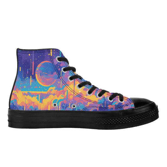 Cosmic Meltdown 1337 High Tops: Vibrant outer-space motif on high-top sneakers, black rubber sole, and laces; crafted for exclusive, artistic expression at Artifact1337.