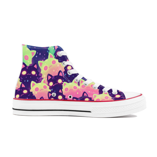 Feline's Gaze III (Wht) | 1337 High Tops featuring neon cat faces on a galaxy background, white laces, and rubber sole, embodying artistic streetwear sophistication.