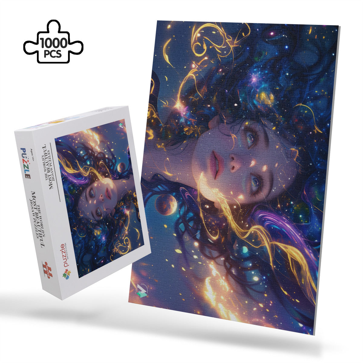 Cosmic Serenity I Puzzle features a colorful-haired girl in a fantastical scene, available in 500 or 1000 pieces, crafted on premium ivory cardboard.