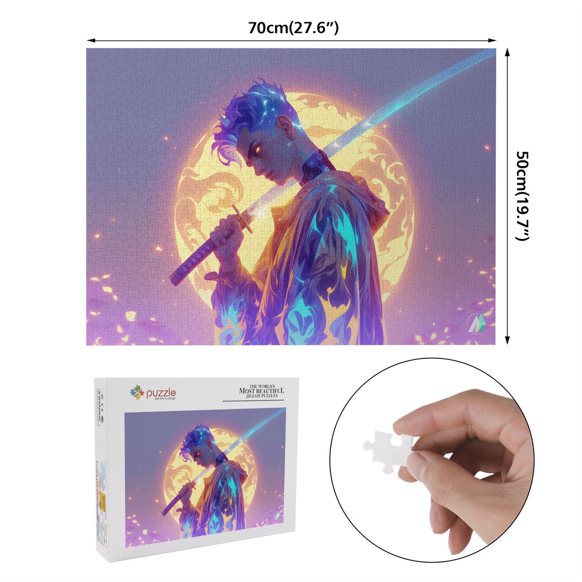 Cy Ber Ne Tic II Puzzle featuring a man with blue hair holding a sword, available in 500 or 1000 pieces, made from premium ivory cardboard.