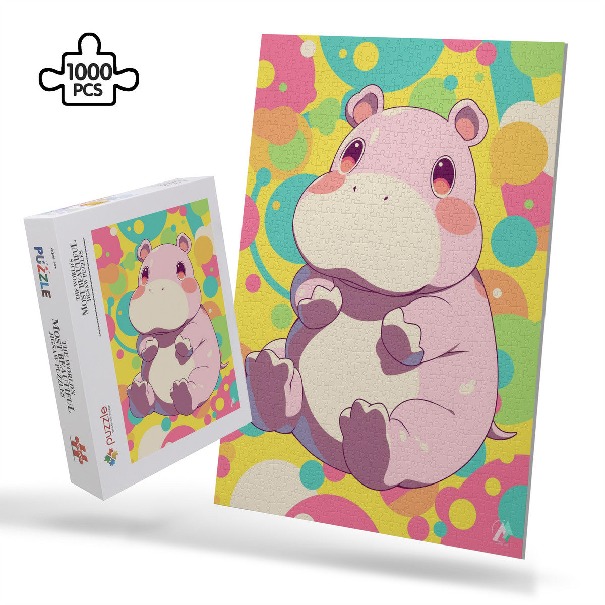 Chibi Safari Hippo Puzzle: Cartoon hippo puzzle by artist @shinjoku13, available in 500 or 1000 pieces, crafted from premium ivory cardboard.