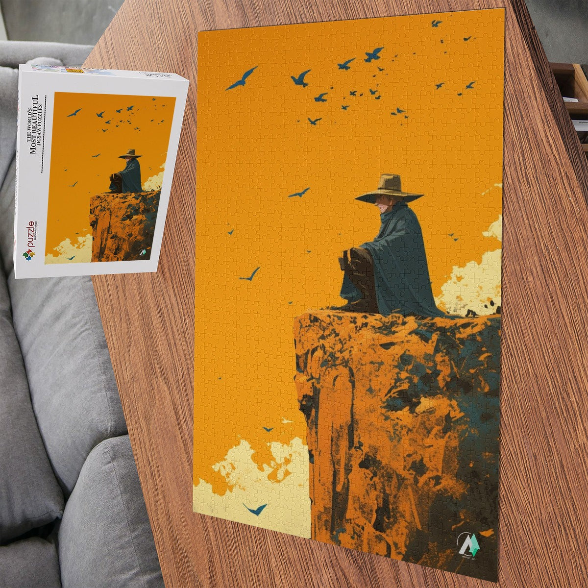 Cliffside Reverie Puzzle features an artistic depiction of a man on a cliff, available in 500 and 1000 pieces, crafted from premium ivory cardboard.