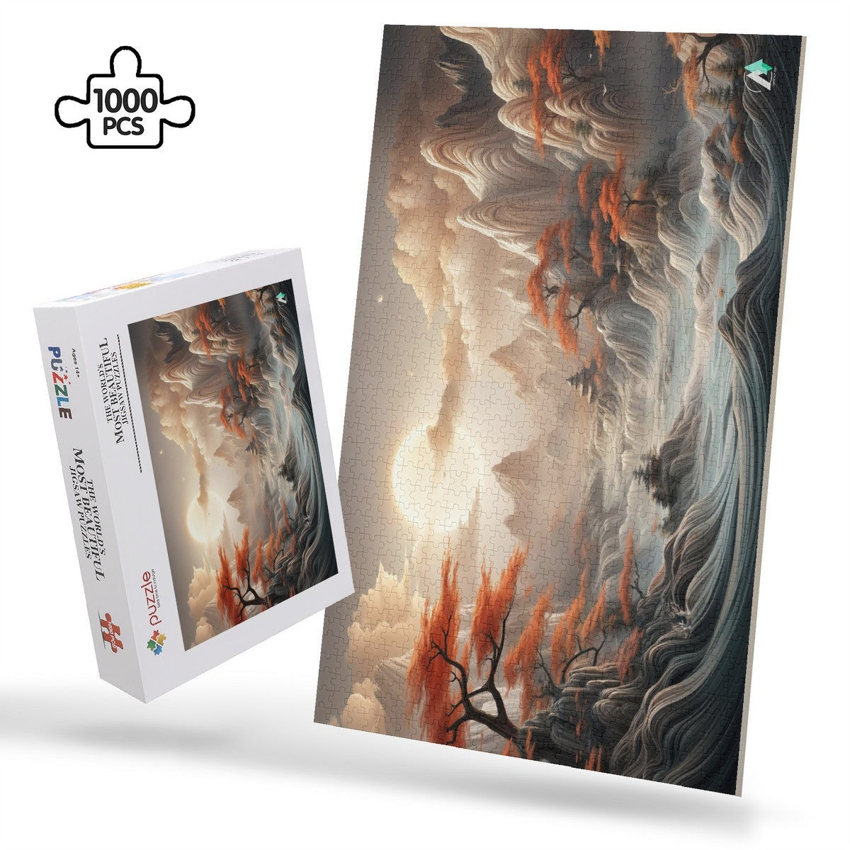 The Mystical Valley Puzzle featuring a mountain landscape, river, and tree with orange leaves; available in 500 or 1000 pieces.