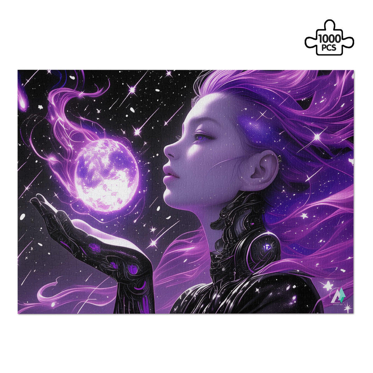 Android Celeste Puzzle: A woman with purple hair holding a glowing moon, crafted on premium ivory cardboard. Available in 500 or 1000 pieces.